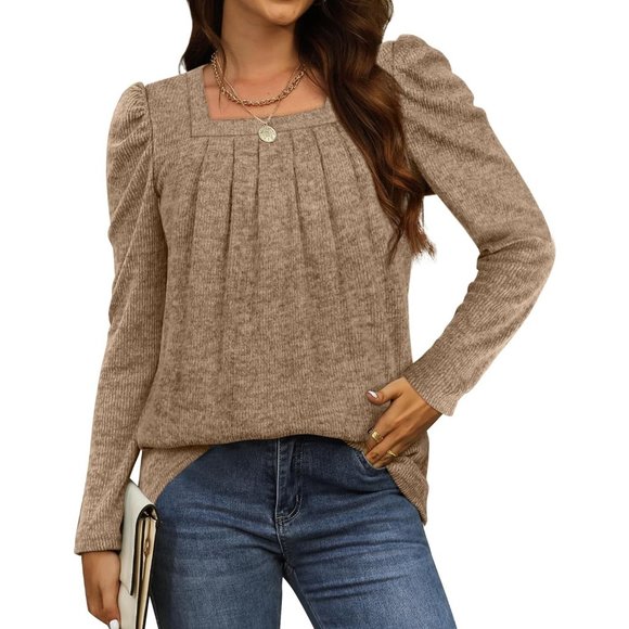 Womens Lightweight Puff Sleeve Pleated Square Neck Tunic Sweaters Shirts - Picture 3 of 5